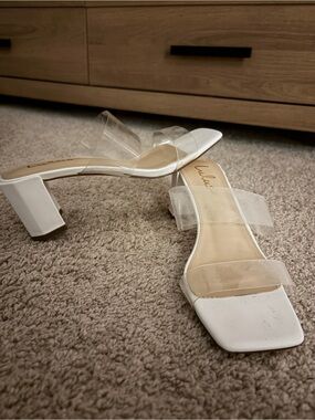 Lulu's White Square Toe Clear Strap Block Heel Mules